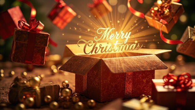 ривітання з Різдвом
A magical christmas gift box opening with light and magic "Merry Christmas" text coming out with other gift boxes flying around, festive mood