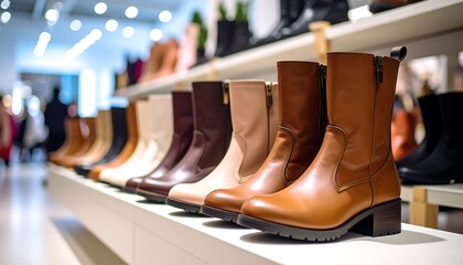 Display of women's boots in a shoe store