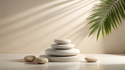 Obraz premium Zen balance of stacked stones with palm leaf and dappled sunlight on a neutral background