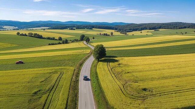 Aerial drone footage following a car driving along winding countryside road through rolling green and yellow agricultural fields