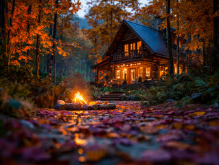 Cozy autumn cabin with illuminated porch and a campfire in a vibrant forest setting