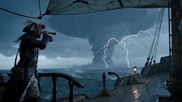 Pirate captain facing giant sea vortex on ship deck

