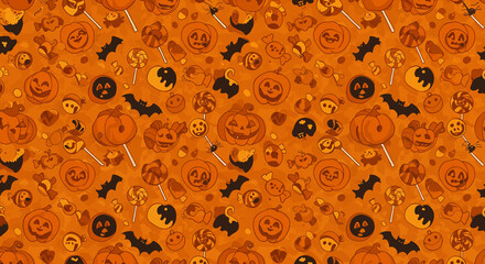 Playful Halloween seamless candy design with pumpkins, sweets, bats and festive orange palette.