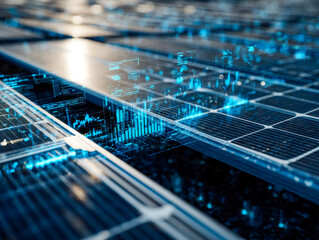 Futuristic solar panel array integrated with digital data visualization