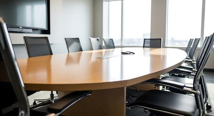 A modern conference room with a large wooden table surrounded by chairs, bathed in natural light from the windows, ready for important meetings and discussions