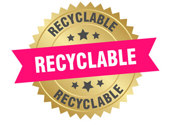 recyclable. recyclable round pink and gold label isolated on transparent background