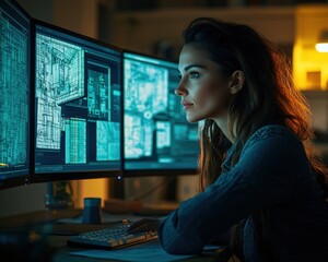 Female cybersecurity analyst working with multi-monitor screens displaying digital blueprints at night