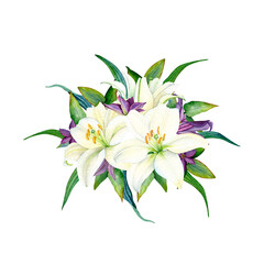 White Lily Bouquet with Green Leaves and Purple Accents