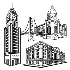 Illustration showing the ferry building, bridge, and other buildings in black and white outline style on transparent background