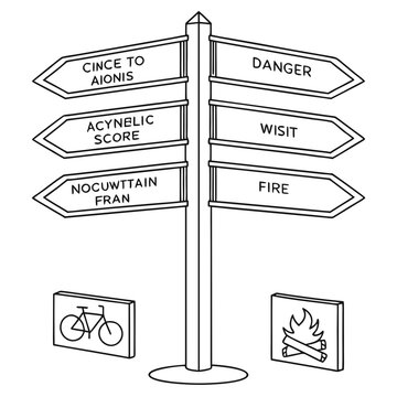 Illustration of a signpost with multiple directional signs and symbols for bicycle and fire elements shown on transparent background