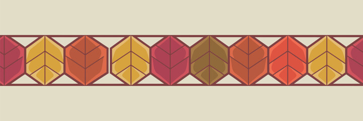A repeating pattern of stylized leaves in autumnal colors arranged in a horizontal row with a brown border