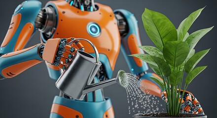 Futuristic orange and blue robot carefully watering green leafy plants with metal watering can in