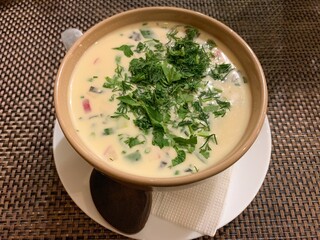 close-up of a portion of delicious okroshka