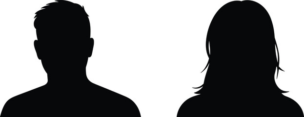 Black silhouette icons, short hair person, long hair figure, gender neutral design, minimalist style, faceless people, hairstyle contrast, abstract profile, human shape, vector illustration