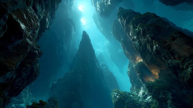 First-person underwater perspective of a deep trench or canyon, encrusted with marine organisms and algae, predominantly blue and green colors, ethereal glow from natural light, rugged - AI-Generated