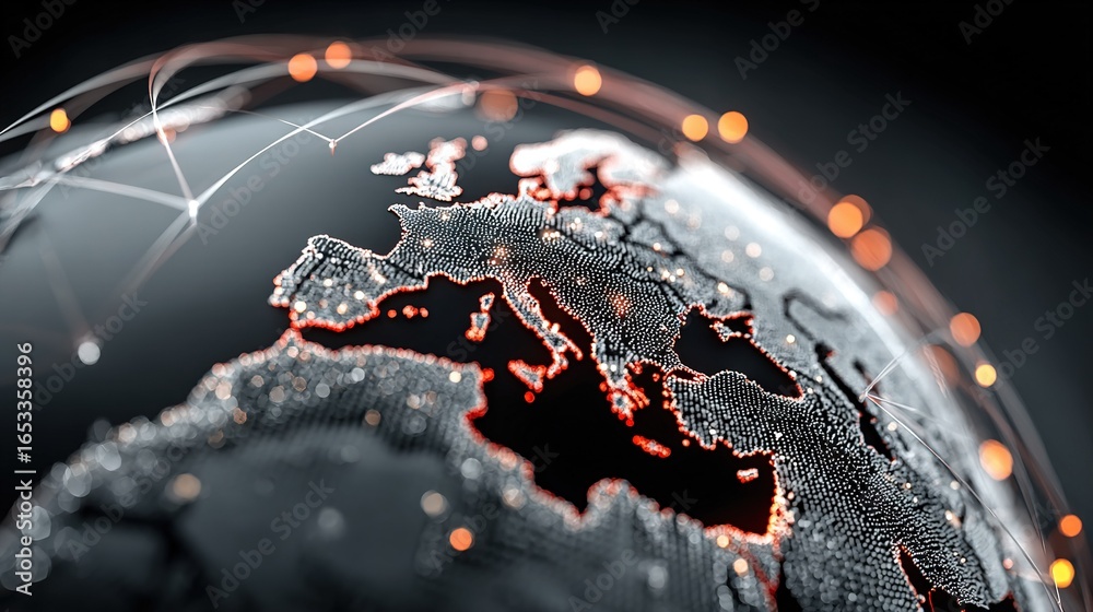 Wall mural a zoomed-in image of a globe on a dark backdrop with orange and white illumination surrounding it