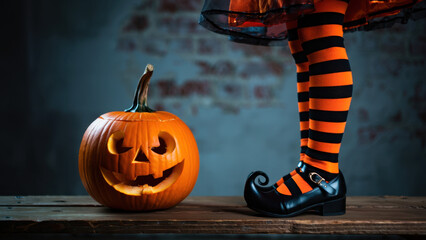 Halloween costume, striped witch stockings, carved pumpkin decor, spooky festive vibe, trick or treat aesthetic, playful seasonal setup, autumn celebration scene