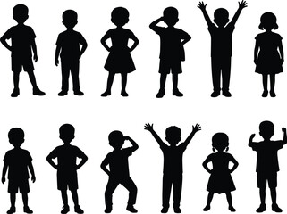 Children silhouette poses, black figures, standing kids, arms raised, hands on hips, saluting, flexing, body language, posture study, white background