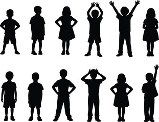 Children silhouette poses, black figures, body language, gesture variety, posture study, artistic reference, kids standing, arms raised, hands on hips