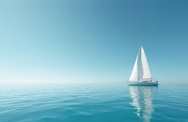 Obraz premium White sailboat glides on calm turquoise ocean under clear blue sky. Nautical vessel on serene water surface, reflecting sunlight. Peaceful journey, summer vacation vibe. Maritime scene, open water.