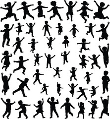 Children silhouettes in motion, playful poses, running, jumping, dancing, black vector icons, dynamic activity, white background, expressive child illustration