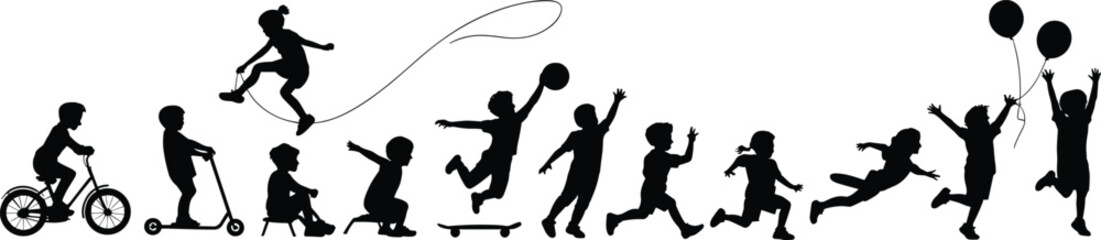 Children silhouettes in playful activities, biking, scootering, skateboarding, jumping, running, balloon holding, ball playing, black vector icons, white background