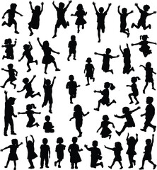Children silhouettes in playful poses, running, jumping, waving, black vector icons, energetic movement, white background, expressive child activity illustration