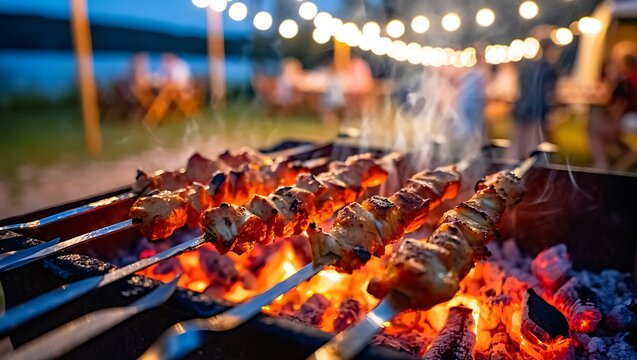 Delicious skewers of meat cooking over a glowing charcoal grill at an outdoor party