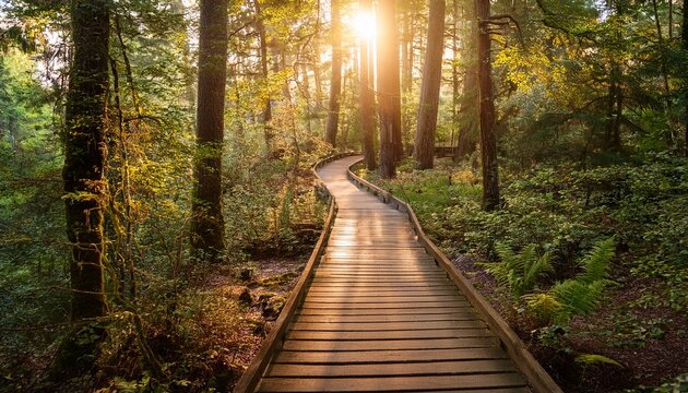 golden sunlight illuminates a serene forest path wooden walkway winding through lush greenery bathed in warm light