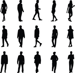 Human silhouette collection, walking and standing poses, male and female figures, gesture icons, black vector set, posture reference, design illustration