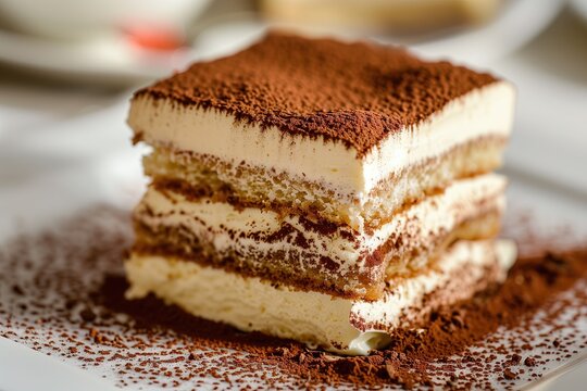 close-up of a sliced tiramisu dessert, visible creamy mascarpone layers, soaked ladyfinger biscuits