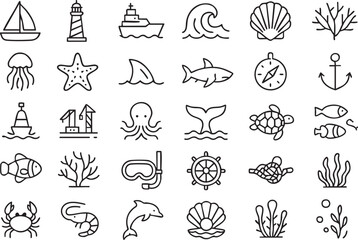 Fototapeta premium Marine and Nautical Vector Icons – Ocean Life, Sea Creatures, Coastal Outline icons