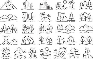 Fototapeta premium Landscape and Nature Vector Icons – Mountains, Trees, Rivers, Outdoor Scenery Outline Set icons