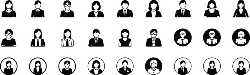 Professional avatar icons, male and female profiles, hairstyle variations, glasses, circular frames, black vector set, business attire, illustration design