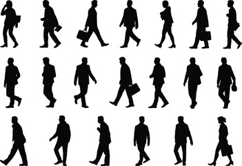 Fototapeta premium Silhouettes of business people walking, briefcase, bag, professional attire, motion, posture, black figures, white background, human movement, design