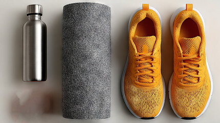   A pair of yellow sneakers adjacent to a yoga mat, water bottle, and an orange running shoe