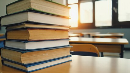 Stack of books on a table in a classroom