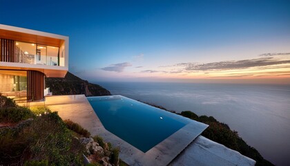 modern cliffside villa with infinity pool overlooking ocean at dusk architecture