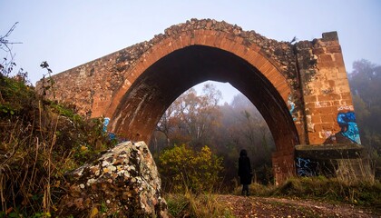 Ruined arch bridge in mist