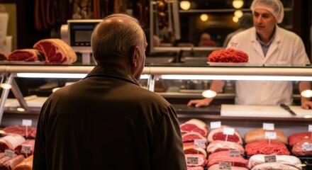 Mature caucasian male selecting meat at butcher shop counter with butcher