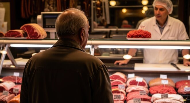 Mature caucasian male selecting meat at butcher shop counter with butcher