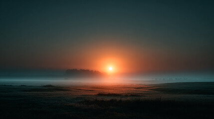 Fototapeta premium Sunrise bathes misty field in glowing light. Dark, moody landscape. Ethereal. Use for web, design, marketing.