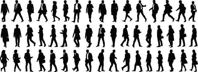 Walking people silhouettes, business attire, briefcase carrying, professional poses, black vector icons, human movement study, fashion reference, white background