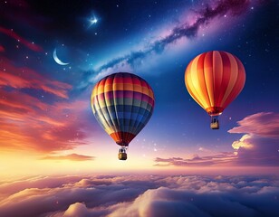 Obraz premium a colorful hot air balloon ascends through a sea of clouds illuminated by a starry sky and a crescent moon