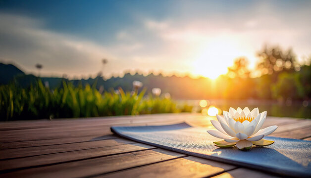lotus flower on yoga mat outdoors - Powered by Adobe