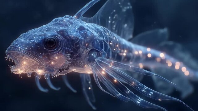 Fantastical, luminescent, elongated fish in underwater scene with iridescent scales and detailed head Softly lit background contrasts focus on creature - AI-Generated