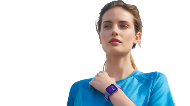 Woman wearing a smartwatch isolated on transparent background - Powered by Adobe
