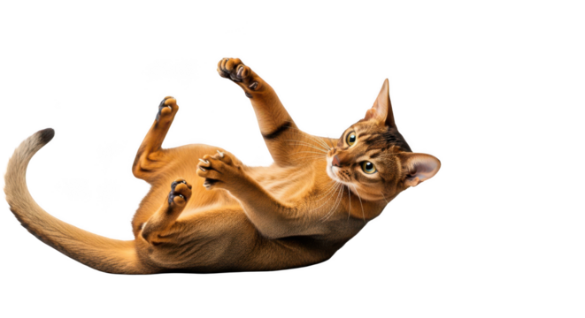 Playful abyssinian cat with striking features captured mid air in a dynamic pose isolated on transparent background
