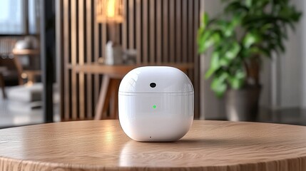 Wireless earbuds charging case on a wooden table