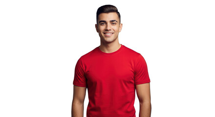 Fototapeta premium Young handsome man with short dark hair wearing a red t shirt smiling confidently isolated on transparent background